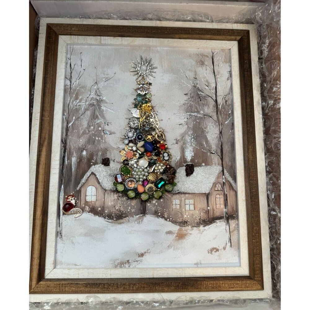 Designs By Betty Jewelry Art Christmas Tree Cabin Scene 14" X 17" Logo Signed - Picture 4 of 9